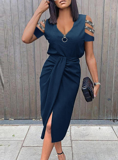 new color zipper long skirt hollow out pleated short sleeve V-neck dress