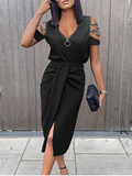 new color zipper long skirt hollow out pleated short sleeve V-neck dress
