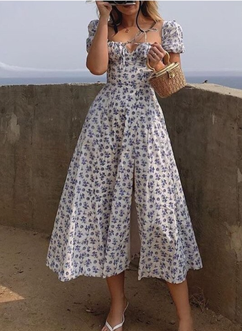 Women Short Puff Sleeve Flroal Printed Ruched Party High Split Summer Dress