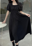 Black Elegant Square Collar Puff Sleeve Oversized Loose Vintage Midi Dress