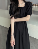 Black Elegant Square Collar Puff Sleeve Oversized Loose Vintage Midi Dress