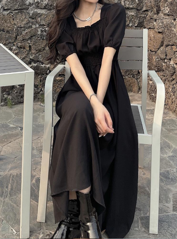Black Elegant Square Collar Puff Sleeve Oversized Loose Vintage Midi Dress
