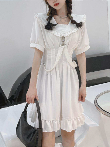 Back Harajuku Ruffles Short Sleeve  Dark Punk Gothic Dress