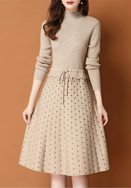 Chic Long Knit patchwork Women dot printed Sweater Dress