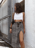 black flower leopard print high waist stretch split long A skirt