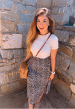 black flower leopard print high waist stretch split long A skirt