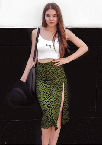 green flower leopard print high waist stretch split long A skirt