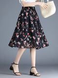black print fashion chiffon Joker floral long waist A-line skirt