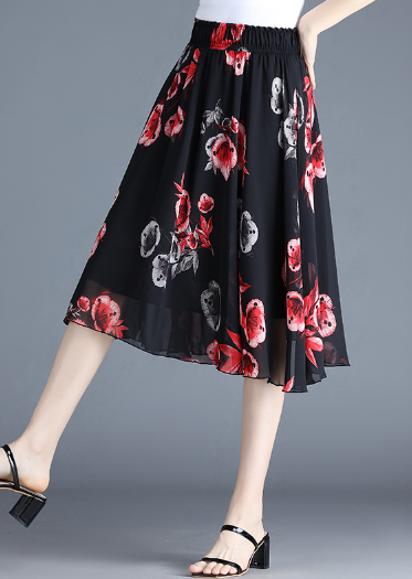 printed fashion chiffon Joker floral waist A-line skirt
