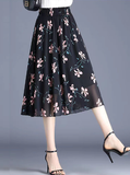printed fashion chiffon Joker black floral waist A-line skirt