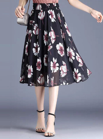 printed chiffon Joker black floral waist A-line skirt