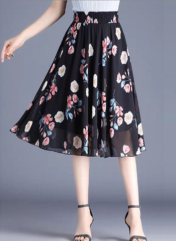 fashion printed chiffon Joker black floral A-line skirt