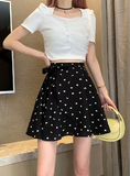 fashion summer polka dot female print high waist skirt white black retro pleated mini skirt