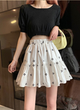 cute summer female print white black retro pleated mini skirt
