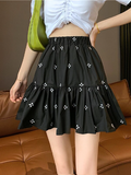 cute summer female print white black retro pleated mini skirt