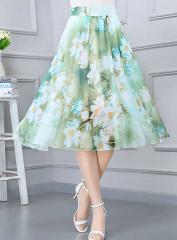 green casual summer Joker floral long thin high waist A word skirt