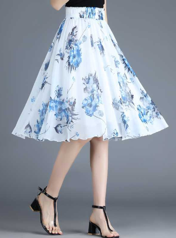 blue casual Joker floral long thin high waist A word skirt