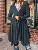 knitted cardigan sweater coat with long sleeves, pleated front placket and irregular hem
