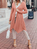 knitted cardigan sweater coat with long sleeves, pleated front placket and irregular hem