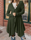 knitted cardigan sweater coat with long sleeves, pleated front placket and irregular hem