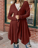 knitted cardigan sweater coat with long sleeves, pleated front placket and irregular hem