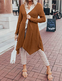 knitted cardigan sweater coat with long sleeves, pleated front placket and irregular hem
