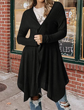 knitted cardigan sweater coat with long sleeves, pleated front placket and irregular hem