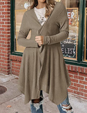 knitted cardigan sweater coat with long sleeves, pleated front placket and irregular hem