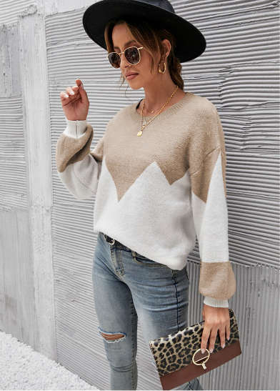 autumn and winter new fashion round neck knitted sweater color matching sweater