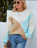 autumn and winter new contrasting color round collar sweater Amazon lantern sleeve sweater