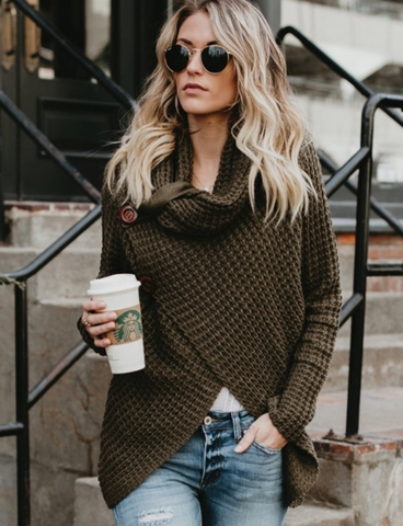 turtleneck cardigan solid color buttons decorated irregular sweater women's dress