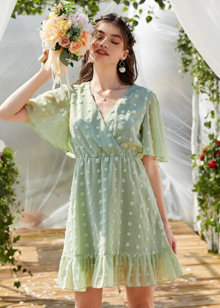 New Fashion Casual Sexy Solid Style Dress High Waist Short Sleeve V Neck Female Dress