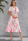 The New Women Fashion Woman's Summer Printed Floral V Neck Short Sleeve Dresses Belt Chiffon Mid Length Boho Beach Sundress