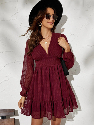 New Long-Sleeved V-neck High Waist Women's Dress Solid Color Party High Waist Pressure Point Sexy Dress