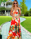 New Women's Deep V Neck Dress Floral Print Beach Floral Sling Maxi Dress