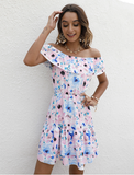 New Sexy Streetwair Style One-neck Print Ruffle Dress Waist Mini Female Dresses