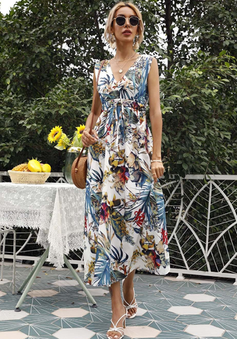Summer Chiffon Women Elegant Long Dress Ladies Fashion Print Boho Beach Midi Dresses