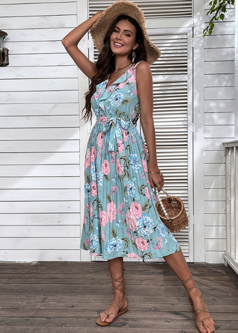 Women Blue Floral Print Ruffle Summer Sexy Suspender Printed Fashion Dress