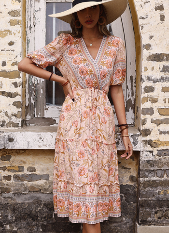 Vintage Women's Filament Trim V Neck Mid Length Festive Chiffon Pink Dress