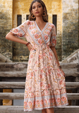 Vintage Women's Filament Trim V Neck Mid Length Festive Chiffon Pink Dress