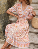 Vintage Women's Filament Trim V Neck Mid Length Festive Chiffon Pink Dress