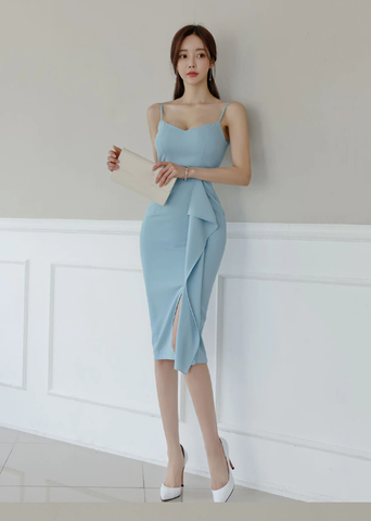 Summer Simple Sleeveless Sling High Waist Hollow Stitching Decorative Ruffle Women's Dresses