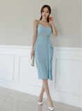 Summer Simple Sleeveless Sling High Waist Hollow Stitching Decorative Ruffle Women's Dresses