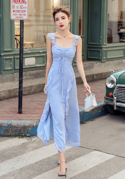 Summer Sleeveless Spaghetti Strap Chest Drawstring Ruffles Party Elegant Dress