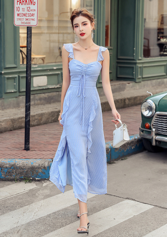 Summer Sleeveless Spaghetti Strap Chest Drawstring Ruffles Party Elegant Dress