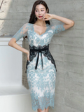 Summer Temperament Style Fashion Color Matching Square Collar High Waist Tight Elegant Lace Dress