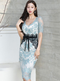 Summer Temperament Style Fashion Color Matching Square Collar High Waist Tight Elegant Lace Dress