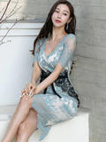 Summer Temperament Style Fashion Color Matching Square Collar High Waist Tight Elegant Lace Dress