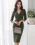 Spring Green New Version Seven Points Sleeves Waist Belt Strap Hip Dress