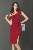 Summer High Waist Tight Sexy Single Side Strap Ruffle Simple Red Elegant Party Dress